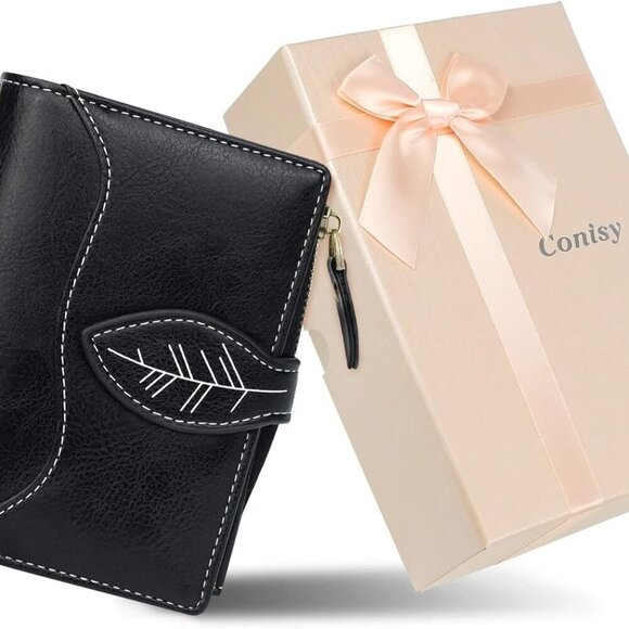 Small Leather Wallet for Women RFID Blocking Compact Bifold Wristlet Black